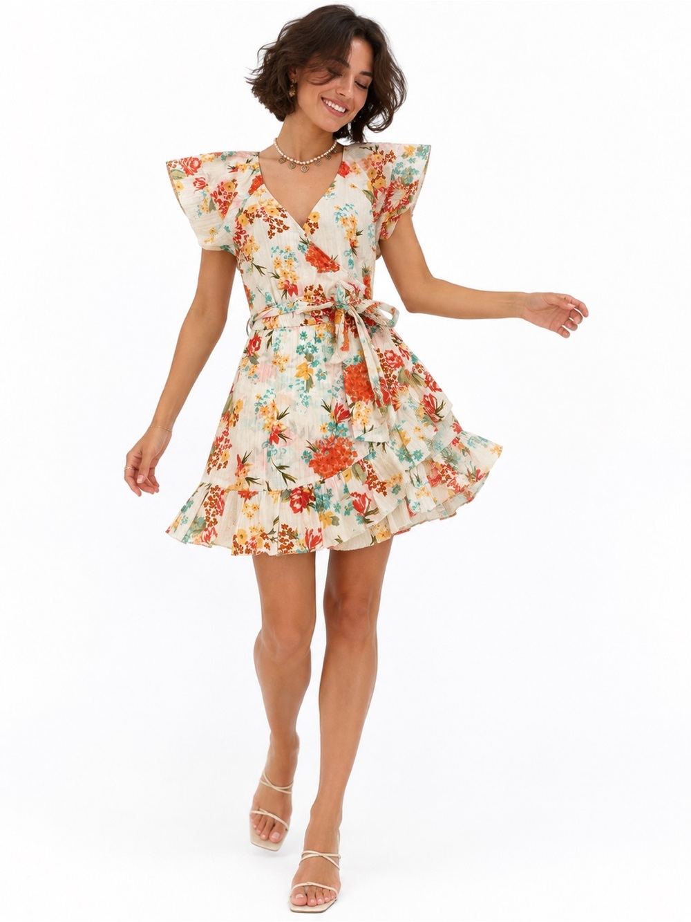 Cleobella Seely Orange Cream Floral Wrap Mini Dress Coral Blooms S Cottage Boho